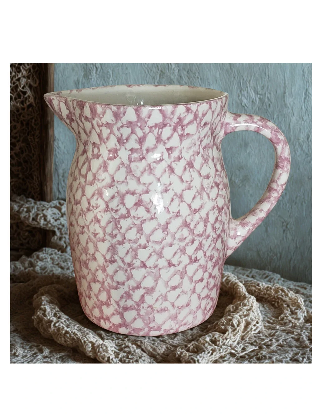 Vintage Pink Spongeware Pitcher Ceramic Milk Jug Juice Farmhouse Cottage